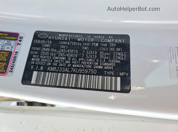 KM8J33AL7KU959750 2019 HYUNDAI TUCSON White 