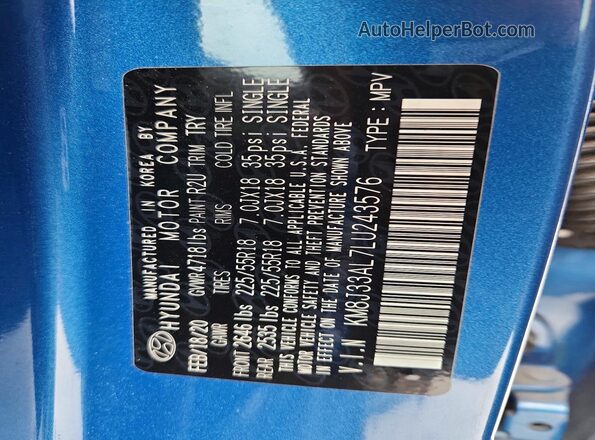 KM8J33AL7LU243576 2020 HYUNDAI TUCSON Blue Սալոնի 360 աստիճան տեսք