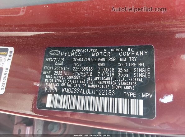 KM8J33AL8LU122183 2020 HYUNDAI TUCSON Burgundy Engine compartment view