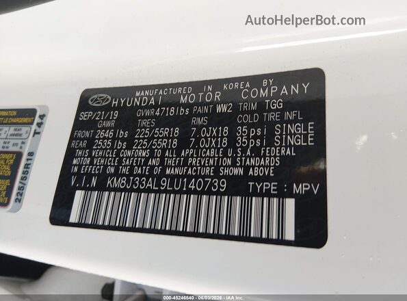 KM8J33AL9LU140739 2020 HYUNDAI TUCSON White ძრავის განყოფილების ხედი