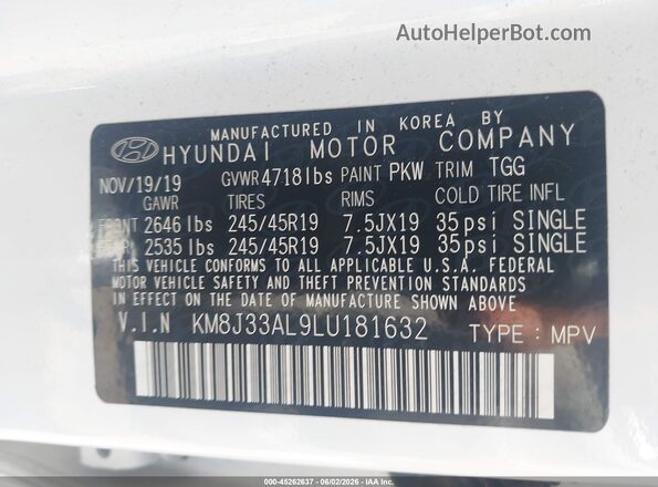 KM8J33AL9LU181632 2020 HYUNDAI TUCSON Белый Вид подкапотного пространства