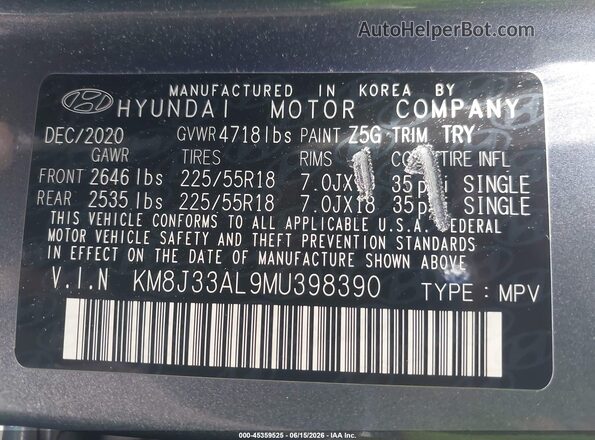 KM8J33AL9MU398390 2021 HYUNDAI TUCSON Gray Widok komory silnika