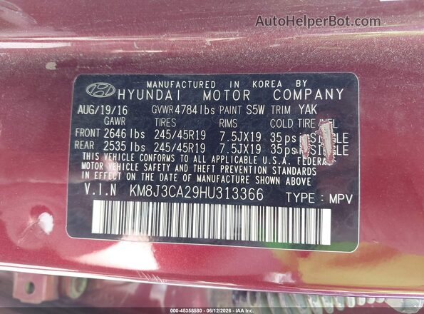 KM8J3CA29HU313366 2017 HYUNDAI TUCSON Красный Вид подкапотного пространства