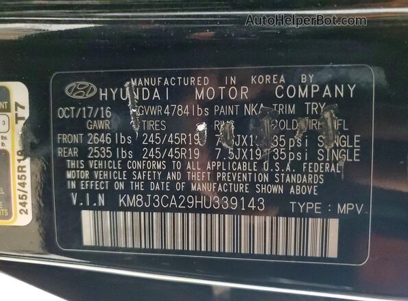 KM8J3CA29HU339143 2017 HYUNDAI TUCSON Black Widok komory silnika
