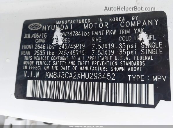 KM8J3CA2XHU293452 2017 HYUNDAI TUCSON White Vista del compartimento del motor