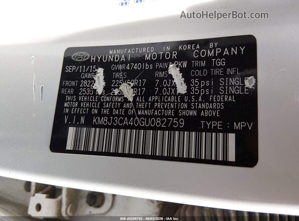 KM8J3CA40GU082759 2016 HYUNDAI TUCSON Белый Вид подкапотного пространства