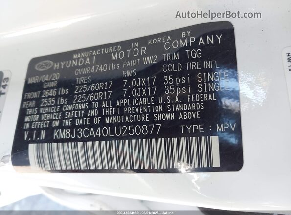 KM8J3CA40LU250877 2020 HYUNDAI TUCSON White ძრავის განყოფილების ხედი