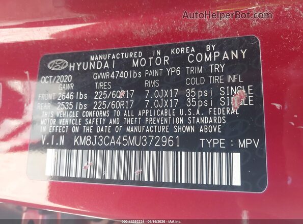 KM8J3CA45MU372961 2021 HYUNDAI TUCSON Red Շարժիչի բաժամունքի տեսք