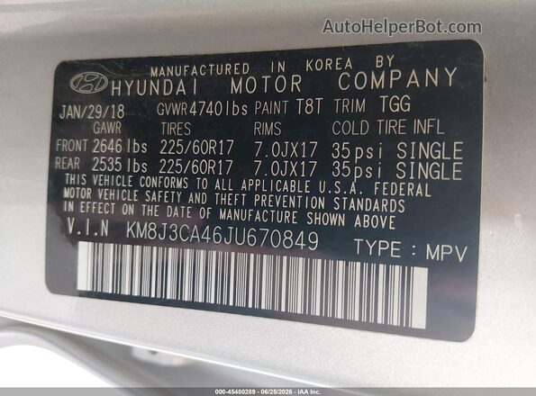 KM8J3CA46JU670849 2018 HYUNDAI TUCSON Silver ძრავის განყოფილების ხედი