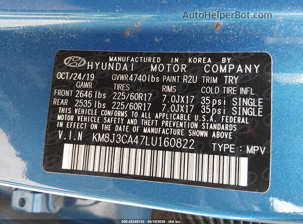 KM8J3CA47LU160822 2020 HYUNDAI TUCSON Light Blue Вид підкапотного простору