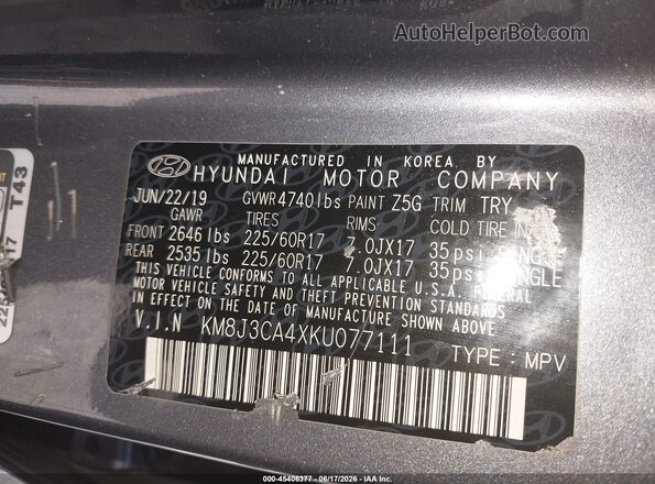 KM8J3CA4XKU077111 2019 HYUNDAI TUCSON Gray Вид підкапотного простору