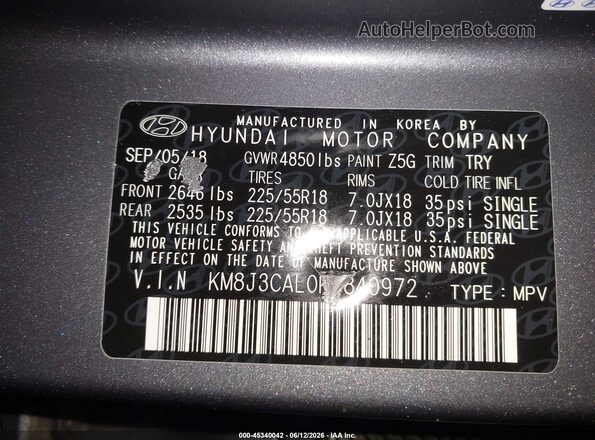 KM8J3CAL0KU840972 2019 HYUNDAI TUCSON Gray Вид підкапотного простору