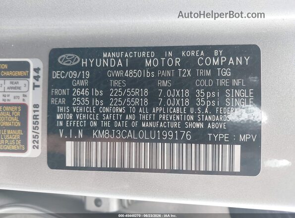 KM8J3CAL0LU199176 2020 HYUNDAI TUCSON Silver ძრავის განყოფილების ხედი