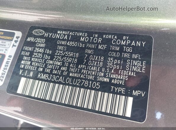 KM8J3CAL0LU278105 2020 HYUNDAI TUCSON Gray Vista del compartimento del motor