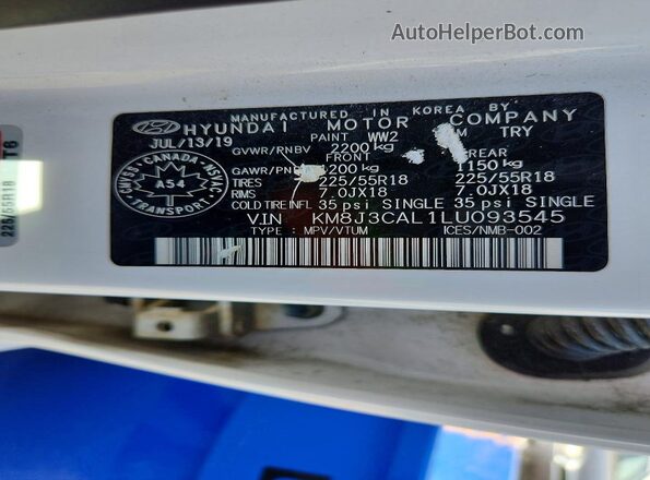 KM8J3CAL1LU093545 2020 HYUNDAI TUCSON White Widok wnętrza 360 stopni