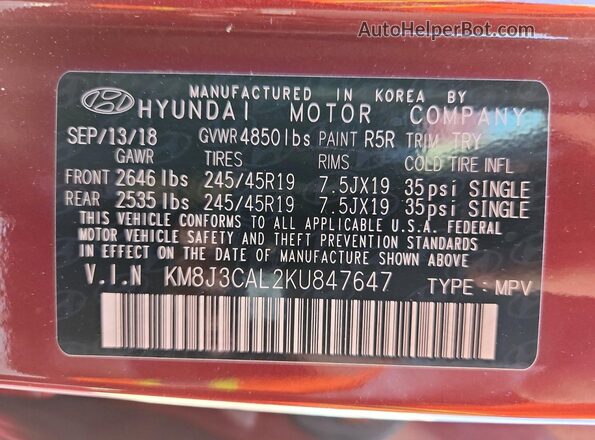 KM8J3CAL2KU847647 2019 HYUNDAI TUCSON Red Սալոնի 360 աստիճան տեսք