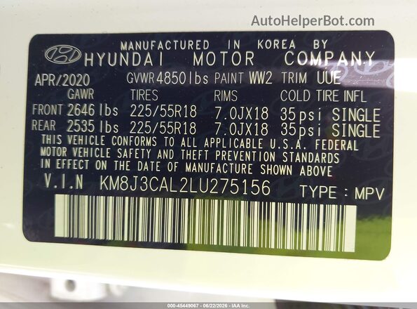 KM8J3CAL2LU275156 2020 HYUNDAI TUCSON White Engine compartment view