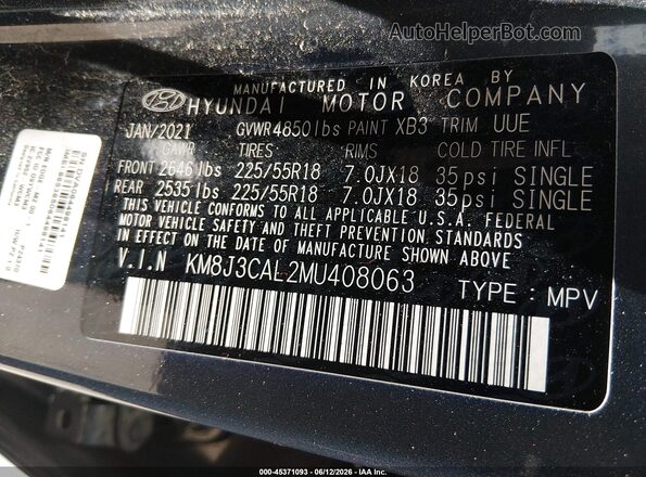 KM8J3CAL2MU408063 2021 HYUNDAI TUCSON Blue Vista del compartimento del motor
