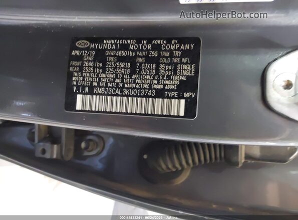 KM8J3CAL3KU013743 2019 HYUNDAI TUCSON Gray Widok komory silnika