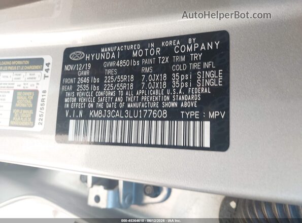 KM8J3CAL3LU177608 2020 HYUNDAI TUCSON Silver Շարժիչի բաժամունքի տեսք