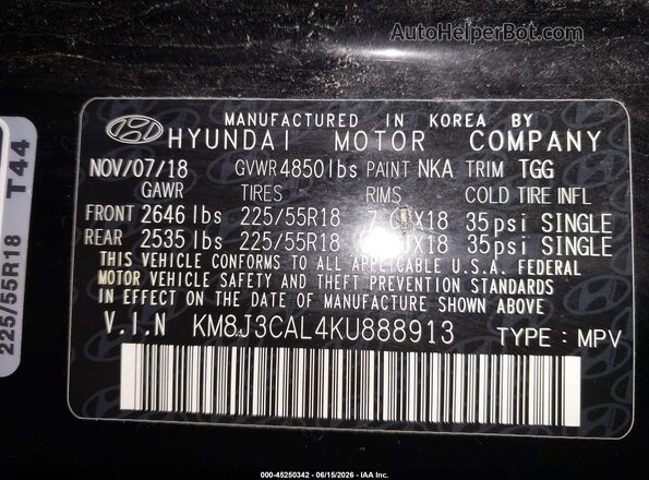 KM8J3CAL4KU888913 2019 HYUNDAI TUCSON Черный Вид подкапотного пространства