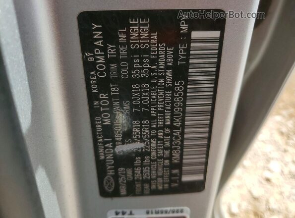 KM8J3CAL4KU998585 2019 HYUNDAI TUCSON Silver VIN կոդի պիտակի տեսք