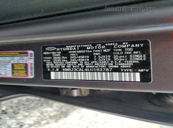 KM8J3CAL4LU183787 2020 HYUNDAI TUCSON Gray Вид наклейки з VIN-кодом