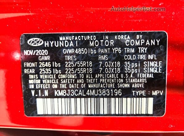 KM8J3CAL4MU383196 2021 HYUNDAI TUCSON Красный Панорамный вид салона 360°