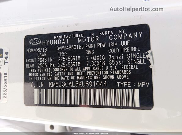 KM8J3CAL5KU891044 2019 HYUNDAI TUCSON White ძრავის განყოფილების ხედი