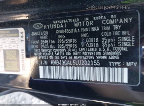 KM8J3CAL5LU232155 2020 HYUNDAI TUCSON Black Engine compartment view