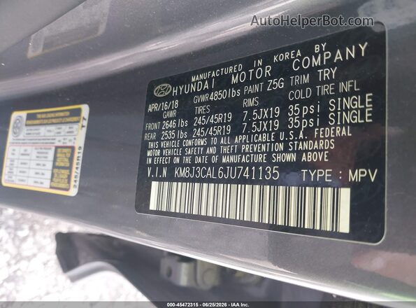 KM8J3CAL6JU741135 2018 HYUNDAI TUCSON Gray Շարժիչի բաժամունքի տեսք