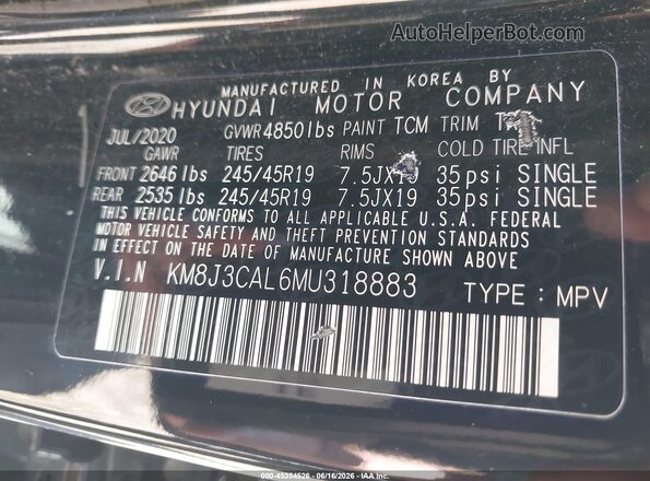 KM8J3CAL6MU318883 2021 HYUNDAI TUCSON Black Widok komory silnika