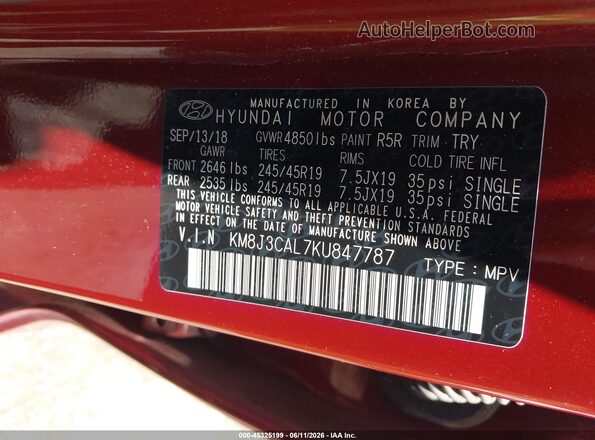 KM8J3CAL7KU847787 2019 HYUNDAI TUCSON Red Engine compartment view