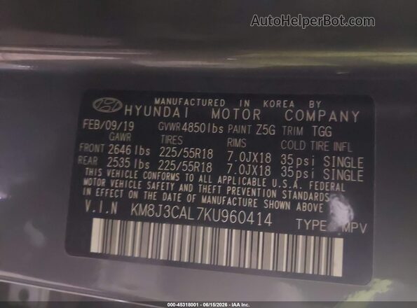 KM8J3CAL7KU960414 2019 HYUNDAI TUCSON Gray Vista del compartimento del motor