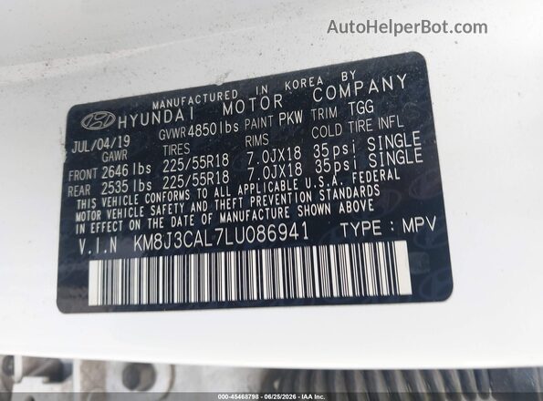 KM8J3CAL7LU086941 2020 HYUNDAI TUCSON White ძრავის განყოფილების ხედი