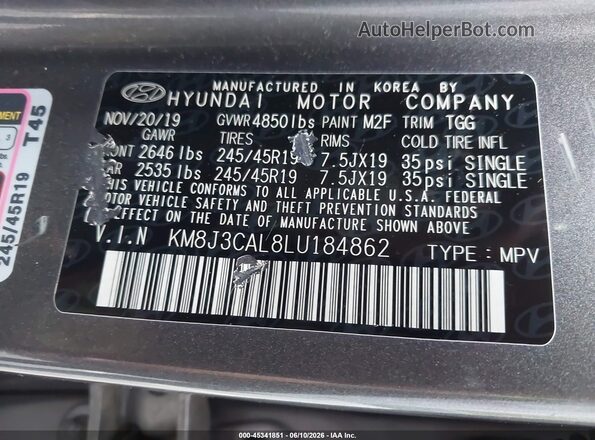 KM8J3CAL8LU184862 2020 HYUNDAI TUCSON Gray ძრავის განყოფილების ხედი