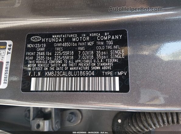 KM8J3CAL8LU186904 2020 HYUNDAI TUCSON Gray Vista del compartimento del motor