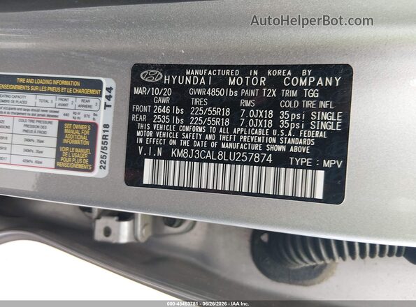 KM8J3CAL8LU257874 2020 HYUNDAI TUCSON Silver Engine compartment view