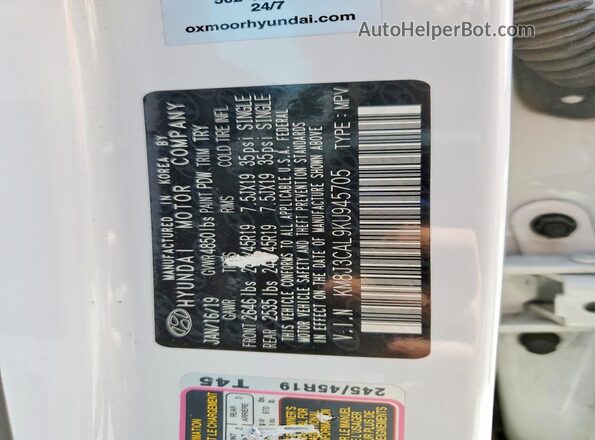 KM8J3CAL9KU945705 2019 HYUNDAI TUCSON White Vista de la etiqueta del VIN