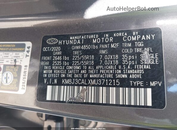 KM8J3CALXMU371215 2021 HYUNDAI TUCSON Gray Engine compartment view