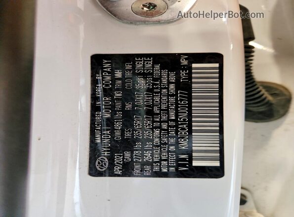 KM8JBCA15NU016777 2022 HYUNDAI TUCSON White VIN կոդի պիտակի տեսք