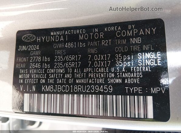 KM8JBCD18RU239459 2024 HYUNDAI TUCSON HYBRID Silver ძრავის განყოფილების ხედი