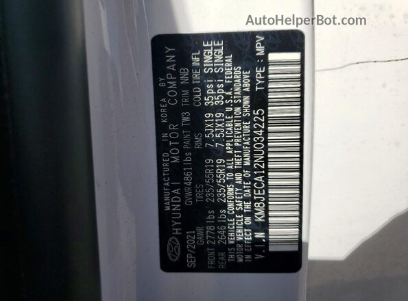 KM8JECA12NU034225 2022 HYUNDAI TUCSON White VIN კოდის სტიკერის ხედი