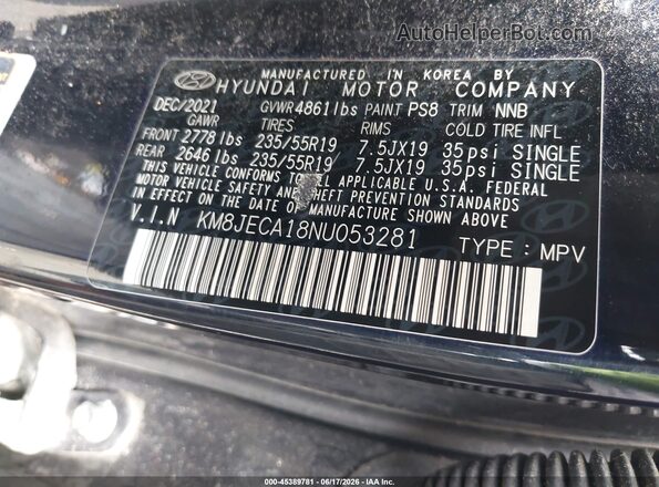 KM8JECA18NU053281 2022 HYUNDAI TUCSON HYBRID Blue Widok komory silnika