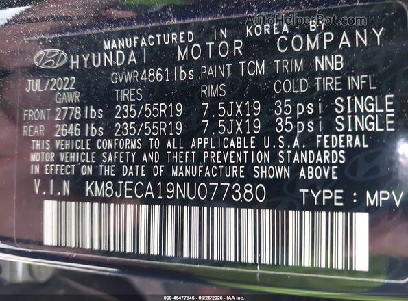 KM8JECA19NU077380 2022 HYUNDAI TUCSON HYBRID Черный Вид подкапотного пространства