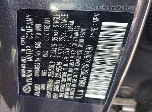 KM8JF3DEXRU280490 2024 HYUNDAI TUCSON Gray VIN კოდის სტიკერის ხედი