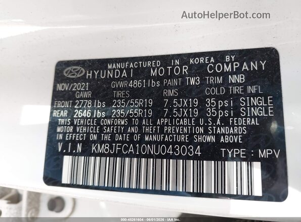 KM8JFCA10NU043034 2022 HYUNDAI TUCSON HYBRID White Engine compartment view