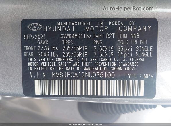KM8JFCA12NU035100 2022 HYUNDAI TUCSON HYBRID Silver Вид підкапотного простору