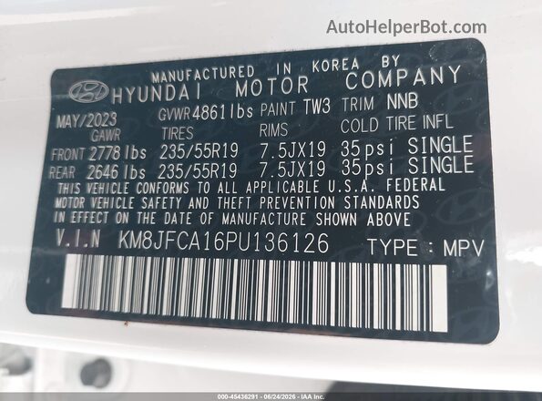 KM8JFCA16PU136126 2023 HYUNDAI TUCSON HYBRID White Engine compartment view