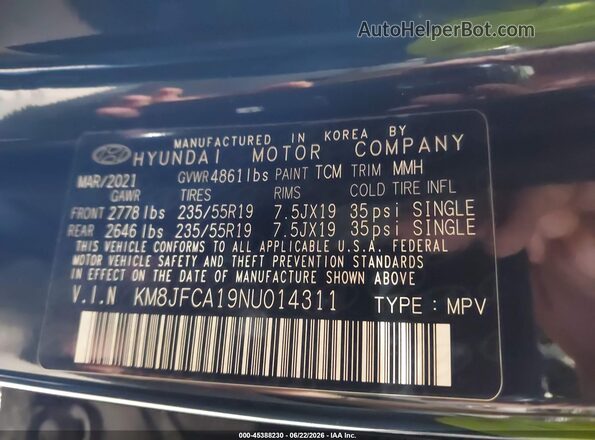 KM8JFCA19NU014311 2022 HYUNDAI TUCSON HYBRID Black Engine compartment view